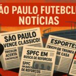 Painel de manchetes com jornais esportivos e escudo do São Paulo FC