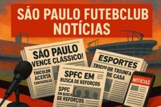 Painel de manchetes com jornais esportivos e escudo do São Paulo FC