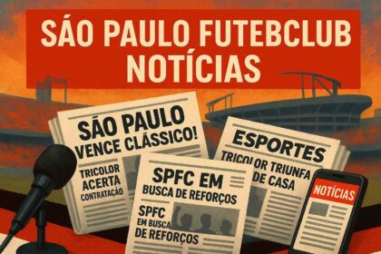 Painel de manchetes com jornais esportivos e escudo do São Paulo FC