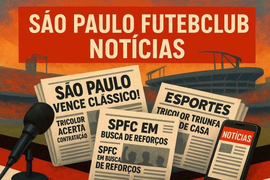 📰 São Paulo Futebol Clube Notícias: seu hub tricolor de informações 1 Painel de manchetes com jornais esportivos e escudo do São Paulo FC