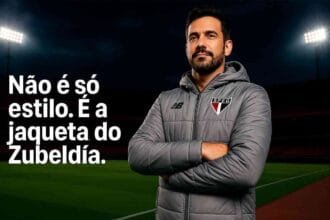 Jaqueta São Paulo New Balance Parka Puffer cinza usada por Zubeldía