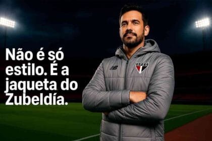 Jaqueta São Paulo New Balance Parka Puffer cinza usada por Zubeldía