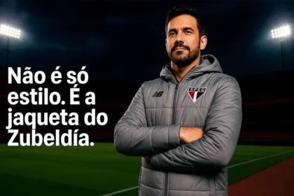 Jaqueta São Paulo New Balance Parka Puffer cinza usada por Zubeldía