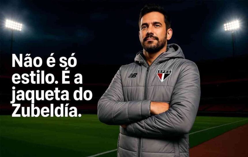 Jaqueta São Paulo New Balance Parka Puffer cinza usada por Zubeldía