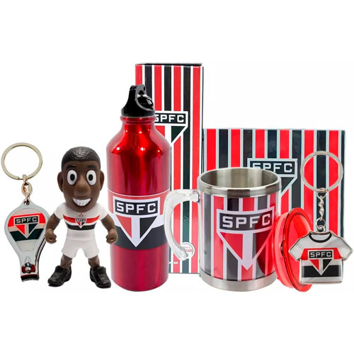 🧸 7 bonecos do São Paulo FC que todo torcedor vai querer ter na estante 6 Kit São Paulo Presente Garrafa Caneca Mascote + Chaveiro
