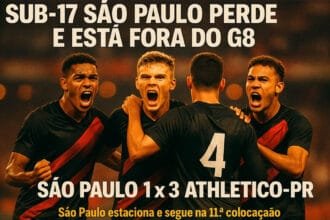Jogadores do São Paulo Sub-17 em campo após derrota para o Athletico-PR em Cotia