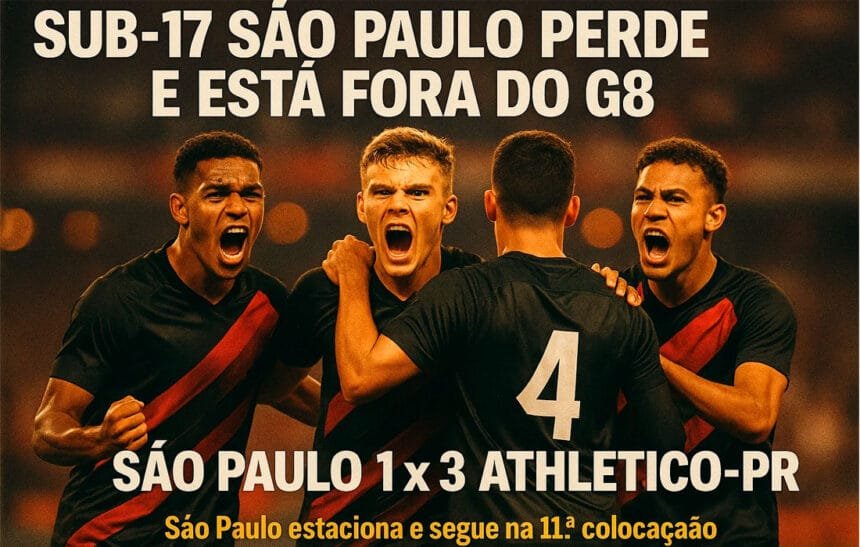 Jogadores do São Paulo Sub-17 em campo após derrota para o Athletico-PR em Cotia