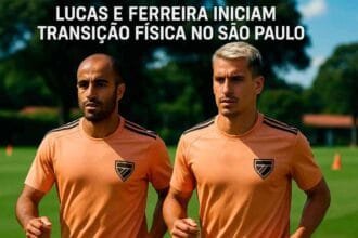 Lucas Moura e Ferreira durante treino de transição física no São Paulo