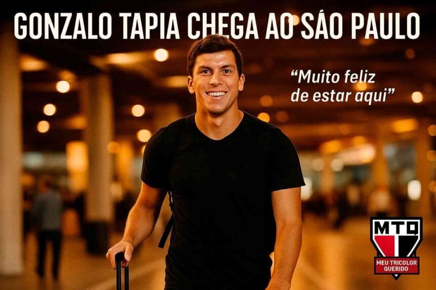 Gonzalo Tapia chegando ao São Paulo no aeroporto