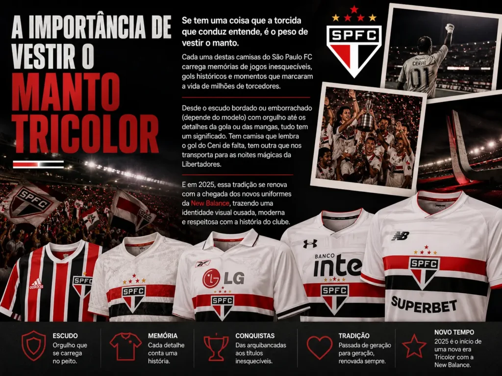 Camisas do São Paulo FC: modelos 2026 para vestir o Tricolor com orgulho 9 Cada uma destas camisas do São Paulo FC carrega memórias de jogos inesquecíveis