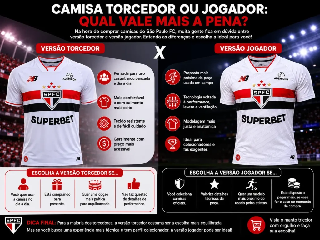 Camisas do São Paulo FC: modelos 2026 para vestir o Tricolor com orgulho 6 Camisa torcedor ou jogador: qual vale mais a pena?