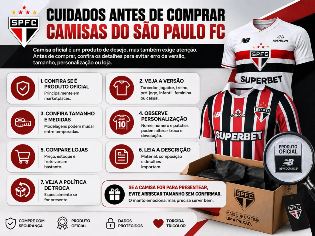 Camisas do São Paulo FC: modelos 2026 para vestir o Tricolor com orgulho 7 Cuidados antes de comprar camisas do São Paulo FC