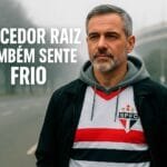 Torcedor tricolor vestindo o manto do São Paulo FC no frio