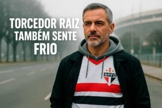 Torcedor tricolor vestindo o manto do São Paulo FC no frio