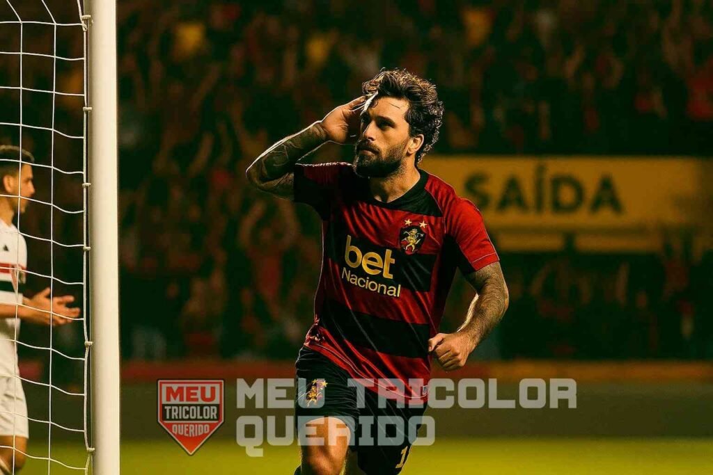 Sport 2 x 2 São Paulo: estreia nervosa no gol e reação na marra 2 Empate em Sport 2 x 2 São Paulo: Lucas Lima celebra gol na Ilha do Retiro.