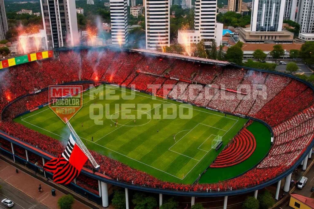 Sport x São Paulo FC: onde assistir, horário, escalações prováveis 2 Vista da Ilha do Retiro antes de Sport x São Paulo FC, gramado iluminado e arquibancadas cheias pelo Brasileirão 2025