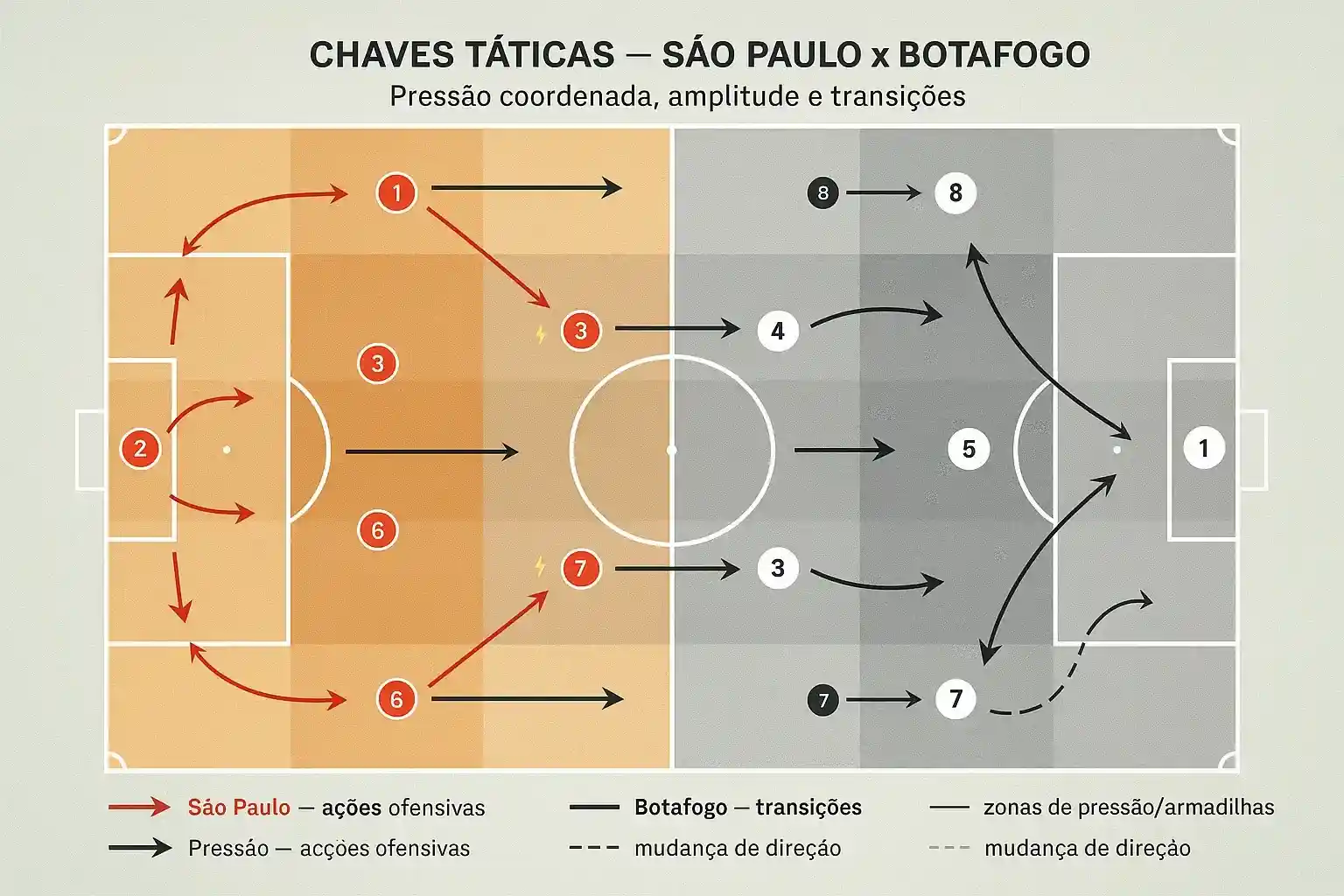 Mapa tático com zonas de pressão e amplitude para São Paulo x Botafogo
