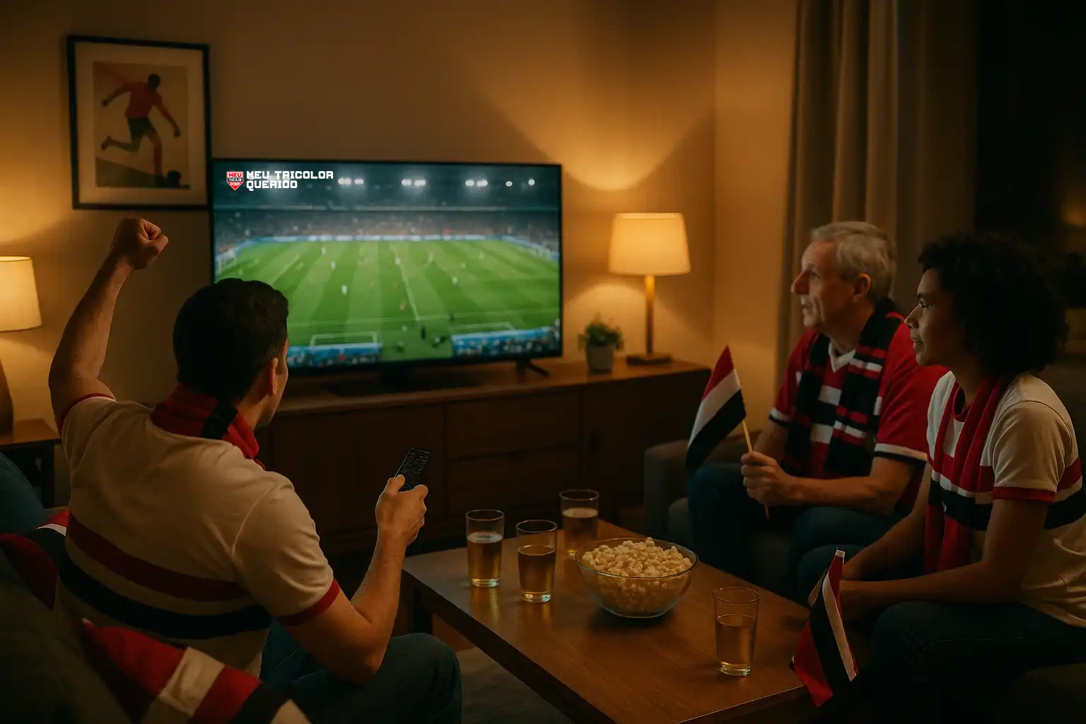 Torcida do São Paulo acompanhando clássico contra o Santos na TV