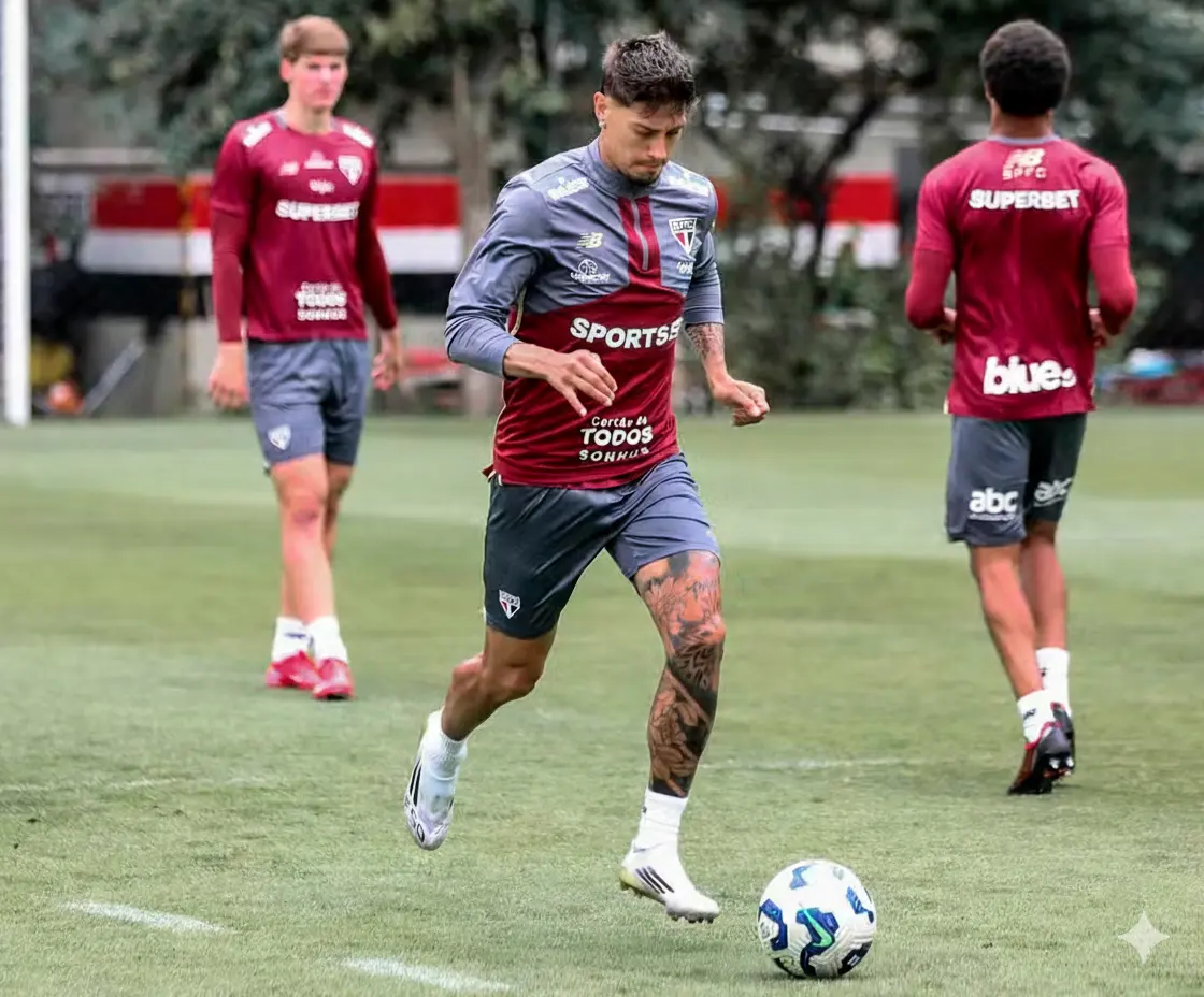 Transição física no CT: Rigoni treina com bola no São Paulo e companheiros em trabalhos específicos