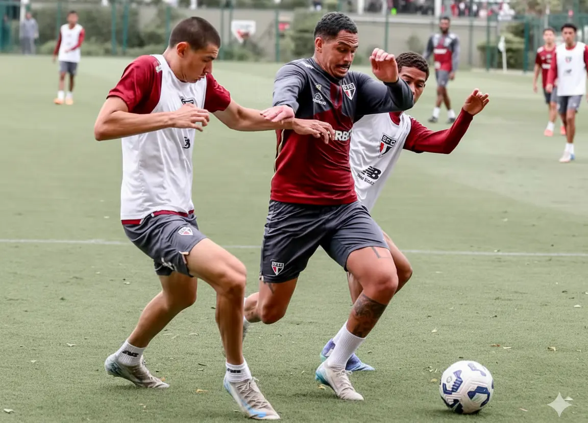 Crespo comanda treino no CT da Barra Funda em jogo-treino com o Sub-20