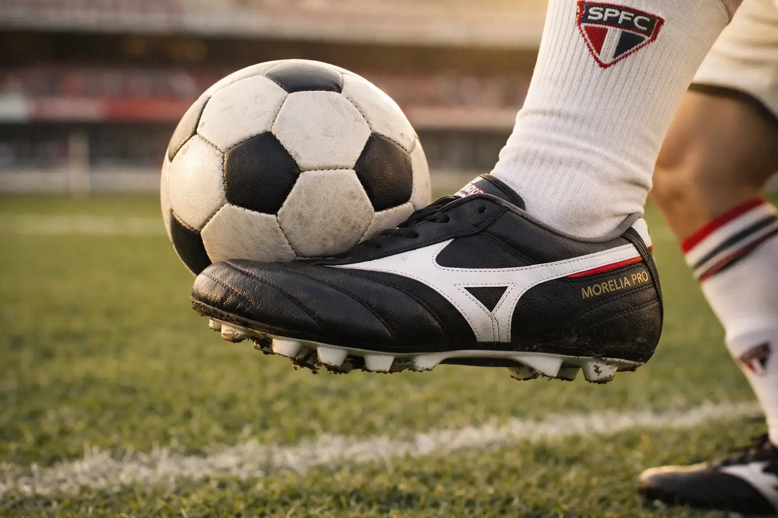 Chuteira Mizuno Morelia II de couro premium — conforto clássico e toque suave Jogador dominando a bola no gramado natural com chuteira de couro Mizuno Morelia II em destaque, mostrando conforto clássico e toque macio (imagem 4:3)