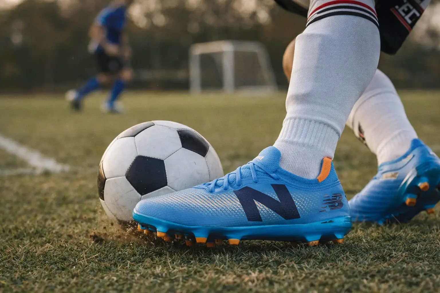 Chuteira New Balance Furon custo-benefício para pé largo — conforto e estabilidade Atleta fazendo passe curto no gramado natural com chuteira de campo New Balance Furon em destaque, mostrando conforto no antepé e estabilidade ideal para pé largo (imagem 4:3)