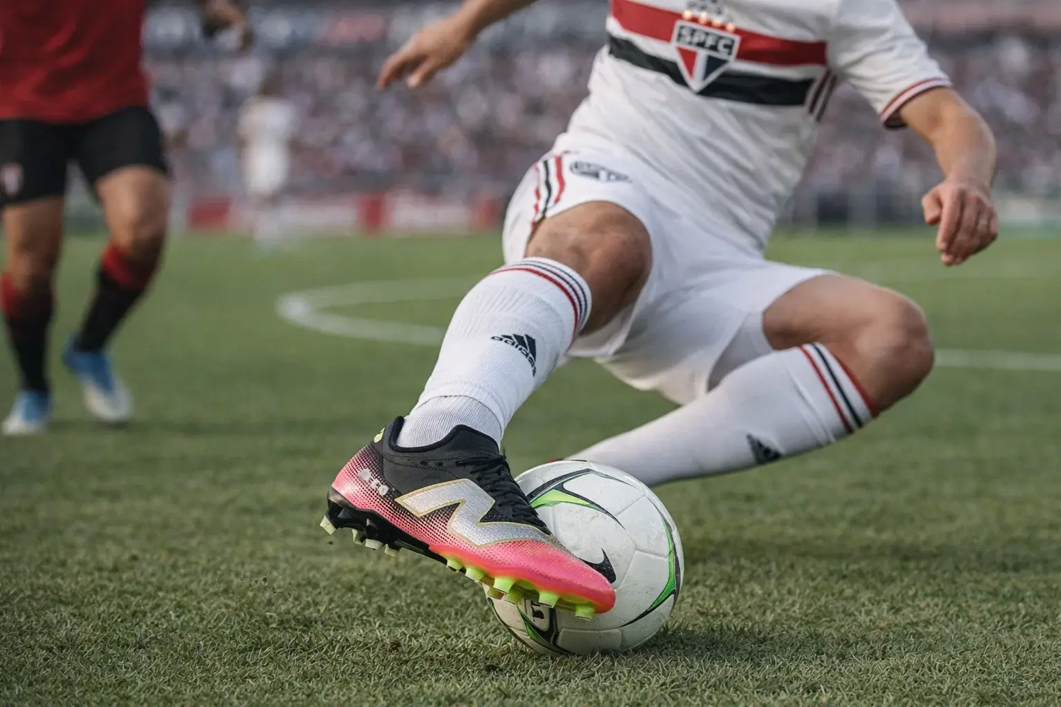 Chuteira New Balance Tekela para controle com conforto — primeiro toque suave e passe preciso Meio-campista dominando a bola no gramado natural com chuteira de campo New Balance Tekela em destaque, mostrando controle suave e conforto no ajuste (imagem 4:3)