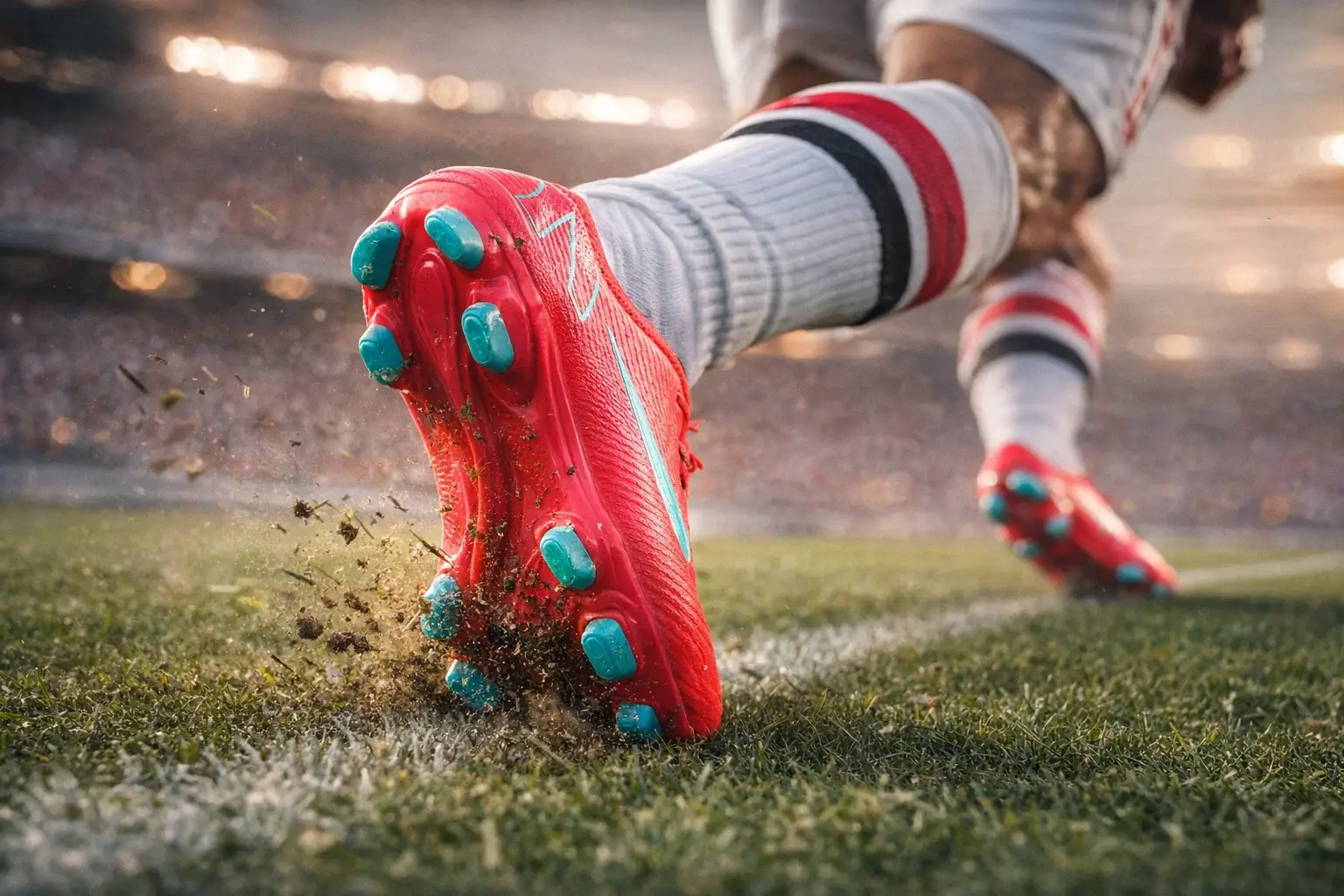 Chuteira Nike Mercurial Vapor 16 para velocidade no campo — tração e arrancada Atleta em arrancada no gramado natural com Chuteira Nike Mercurial Vapor 16 de campo FG, destacando travas e tração para velocidade.
