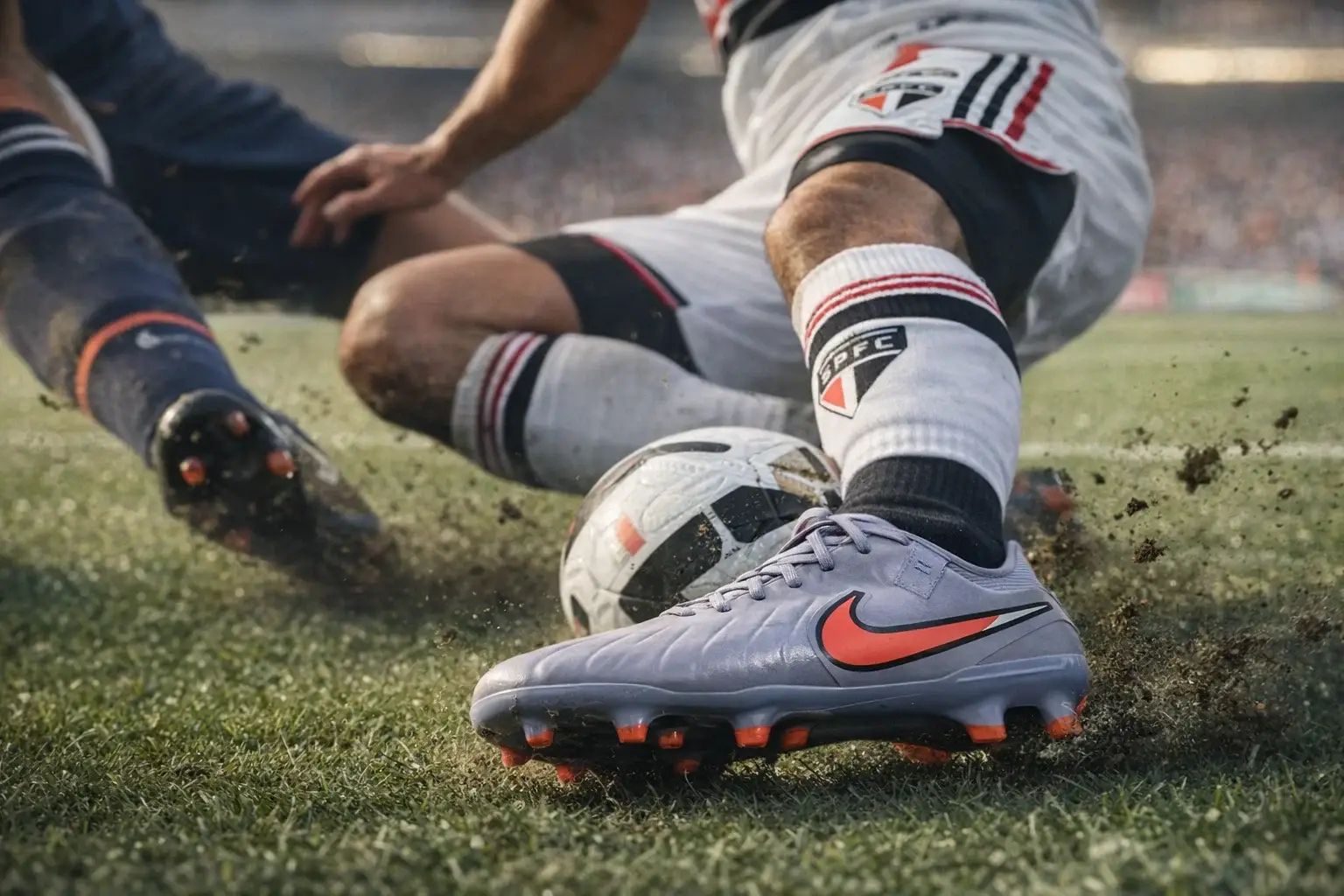 Chuteira Nike Tiempo Legend 10 para zagueiros e volantes — estabilidade e jogo firme no campo Volante em dividida no gramado natural com chuteira de campo Nike Tiempo Legend 10 em destaque, mostrando estabilidade e tração para jogo firme (imagem 4:3)