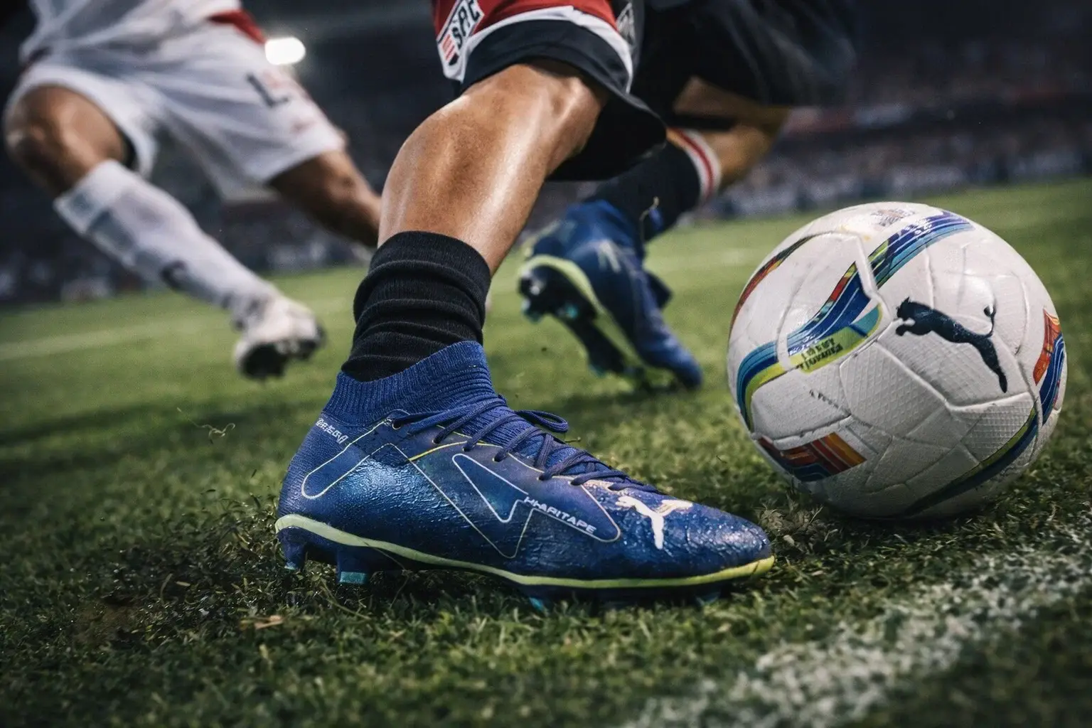 Chuteira Puma Future para drible — ajuste adaptável e suporte no corte seco Jogador driblando no gramado natural com chuteira de campo Puma Future em destaque, mostrando bola colada no pé e ajuste adaptável para cortes rápidos (imagem 4:3)