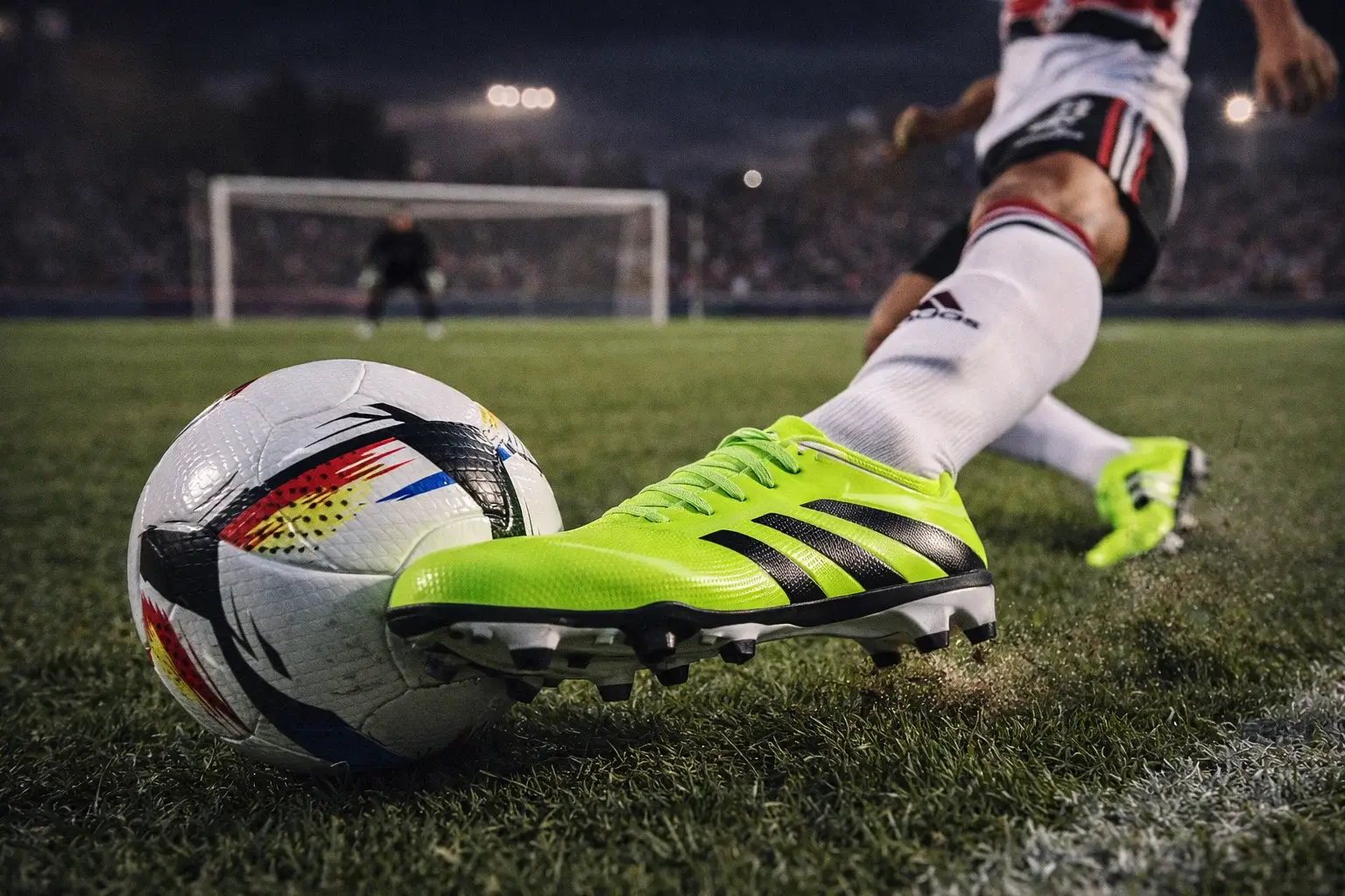 Chuteira Adidas Predator FG para controle e finalização — domínio e chute colocado Atleta dominando a bola e armando chute no gramado natural com chuteira Adidas Predator FG em destaque, mostrando controle e finalização