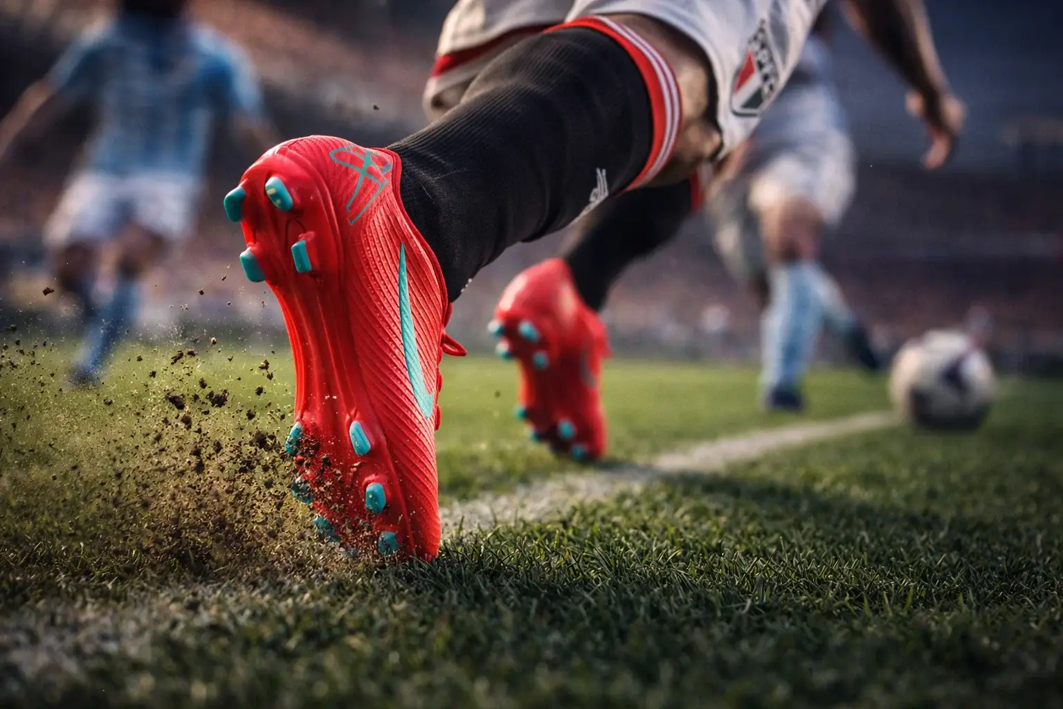 Chuteira Nike Mercurial Vapor 16 para velocidade — sprint e tração no gramado natural Atleta em sprint no gramado natural com chuteira Nike Mercurial Vapor 16 em destaque, mostrando tração e explosão para velocidade